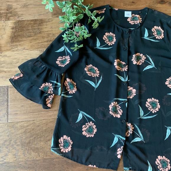 CAbi Tops - CAbi Black Pink Floral Print Sheer Button Down Top Blouse Women's Size Large